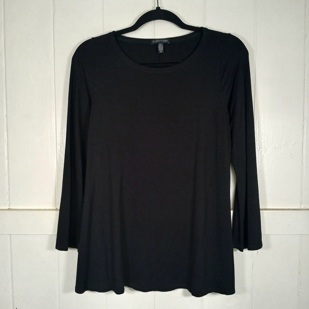Eileen Fisher‎ Black Viscose Spandex Scoop Neck Long Sleeve Tunic Top Small S/P